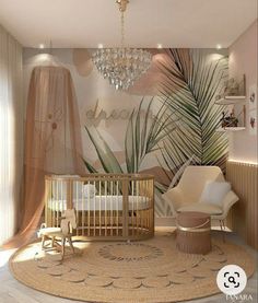 a baby's room with a crib, chair and chandelier in it