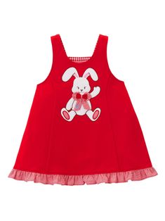 bright red multicolour embroidered motif draped detailing check pattern sleeveless thigh-length Vestido Short, House Bunny, Kids Clothes Girls, Dress Cartoon, Girls Casual Dresses, Cartoon Rabbit, Rabbit Cartoon, Kids Outfits Girls, Dress Robes