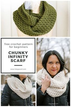 a woman wearing a green crochet scarf with text that reads free crochet pattern for beginners chunk infinity scarf