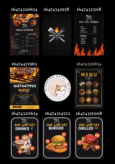 the menu design for a restaurant is shown in black and orange colors, with different types of food on it