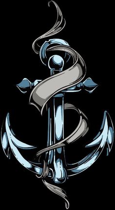 an anchor with a ribbon on it and two swords in the middle, as well as some