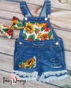 This adorable set comes with a denim distressed sunflower overall Shorts with a matching hair bow! True to size fit! For any questions please reach out! Cute Denim Overalls For Summer, Cute Summer Shortalls Overall, Summer Cotton Distressed Shortalls, Cute Summer Overalls, Upcycle Kids, Woman Costumes, Thrift Flips, Girls Closet, Kids Overalls