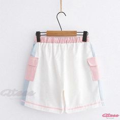 Qteee - Bunny Letter Embroidered Pocket Shorts Cute Cotton School Bottoms, Cute Cotton Bottoms For School, Cute White School Bottoms, Cute Cotton Bottoms With Pockets, Trendy Short Bottoms For School, Pink Cotton School Bottoms, Summer School Bottoms With Pockets, Cute White Bottoms With Pockets, Casual Pink School Bottoms