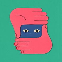 a pink and blue hand with two eyes