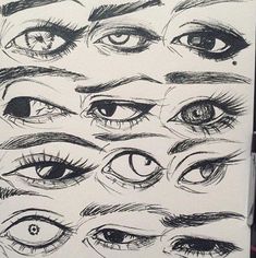 a bunch of different types of eyes drawn in pencil on white paper with black ink