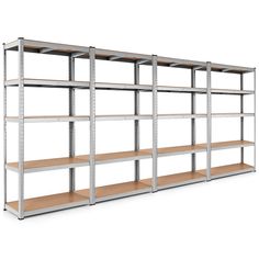 an empty metal shelving unit with wooden shelves