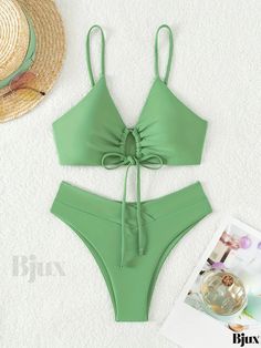 Bjux - Premium Solid Crossover Tie Front Two-Piece Swimsuit Set: Stylish Stretchy Swimwear for Women, Featuring Spaghetti Straps and Hollow Out Design, Ideal for Beach, Pool, and Bathing Activities Green Spaghetti Strap Tankini For Beach, Swimwear For Women, Swimsuit Set, Beach Pool, Crossover, Spaghetti Strap, Spaghetti, Two Piece, Pool