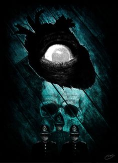 two skulls are standing in front of a dark background with a half - moon above them