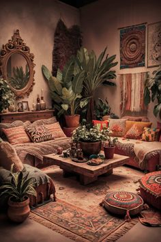 a living room filled with lots of furniture and plants on top of it's tables