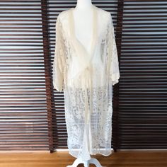 Beautiful Floral Lace Lingerie Robe. Ties In Front. Length 48 Inches. Brand New Without Tags. Offers Welcome Je Delicate Lace Sleepwear For Beach, Lace Loungewear Robe With Lace Trim, Vintage Spring Robe With Lace Trim, Lace Trim V-neck Robe For Daywear, V-neck Robe With Lace Trim For Wedding Night, V-neck Sleepwear With Lace Trim And Stretch, Lace Lingerie, Sleepwear Robe, Floral Lace