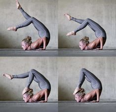 the woman is doing yoga poses on her handstand and knees bent down in three different positions