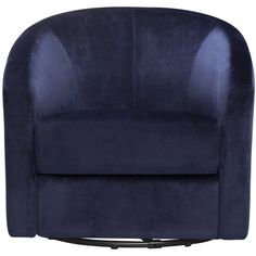 a blue chair with an oval shaped back and foot rests on a black metal base