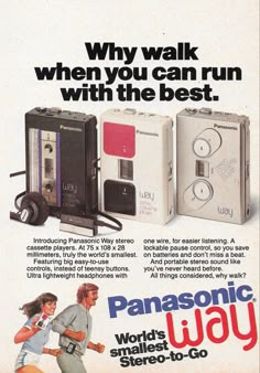 an advertisement for the panasonic u - way with two people running next to it