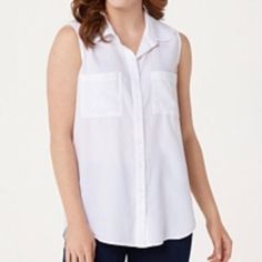 Color White Features: Sleeveless, Button-Front Closure, Two Chest Pockets, Hi-Low Curved Hem, Back Yoke, Center Back Seam With Functional Buttons At The Bottom Fit: Semi-Fitted; Follows The Lines Of The Body With Added Wearing Ease Length: Missy Length 27-1/2" To 29-5/8"; Plus Length 30" To 31-3/4" Content: 100% Lyocell Box 27 Summer Sleeveless Tops With Pockets, Sleeveless Tops With Pockets For Everyday, Everyday Sleeveless Tops With Buttons, Sleeveless Tops With Buttons For Everyday, Button-up Tank Top For Day Out, Casual Sleeveless Everyday Blouse, Casual Tank Top With Buttons For Daywear, Casual Sleeveless Blouse For Everyday, Casual Buttoned Tank Top For Daywear