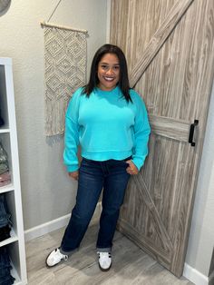 "Get cozy in style with this Aqua Blue Pullover Knit Mock Neck Sweater! Its cropped and oversized fit will keep you both warm and on-trend. Perfect for pairing with high-waisted jeans and boots for a relaxed yet chic look.(No itchy necks here!) Sizing is true to size, I'm in a size large for the perfect cozy feel. Blue Cropped Sweater With Ribbed Cuffs For Fall, Casual Cozy Fit Cropped Sweater With Ribbed Cuffs, Trendy Relaxed Fit Cropped Sweater For Winter, Casual Cropped Sweater With Relaxed Fit For Fall, Casual Relaxed Fit Cropped Sweater For Fall, Casual Solid Cropped Sweater For Fall, Casual Solid Color Cropped Sweater For Fall, Casual Cropped Sweater With Cozy Fit, Casual Cozy Fit Cropped Sweater For Fall