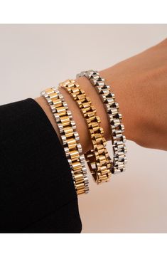 Add instant gleam to any ensemble with this versatile chain bracelet. 6 7/8" length; 3/8" width Goldtone plate or silvertone plate Imported Black Girls Luxury Lifestyle, Creative Jewelry Photography, Luv Aj, Classy Jewelry, Jewelry Photography, Creative Jewelry, Bracelet Stack, Bling Bling, Luxury Lifestyle