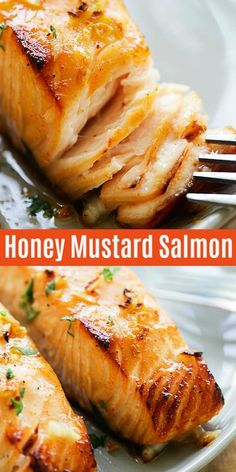 honey mustard salmon on a plate with a fork