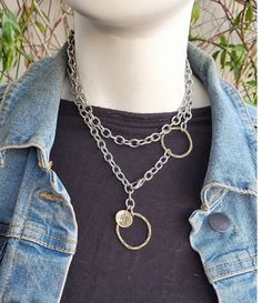 Long mixed metal chunky chain layered statement necklace Everyday Metal Charm Necklaces With Double Chain, Everyday Metal Charm Necklace With Double Chain, Everyday Silver Chain Necklace, Metal Cable Chain Necklace For Layering, Metal Double Chain Necklace With Oval Links, Metal Necklace With Double Oval Link Chain, Oval Link Double Chain Metal Necklace, Double Strand Metal Chain Jewelry, Metal Cable Chain Long Necklace