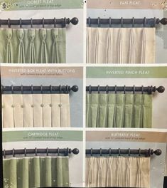 the instructions for how to hang curtains in different styles and colors, including linens