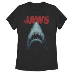 You're going to need a bigger boat for the Jaws Classic Poster Women's Tee! Steven Spielberg's 1975 blockbuster film is celebrated with this retro Jaws tee that features the classic poster, perfect for any fan of Martin Brody, Quint, or the man-eating great white shark that is terrifying the citizens of Amity Island this summer! Size: L.  Color: Black.  Gender: female.  Age Group: adult.  Pattern: graphic. Martin Brody, Teeth Poster, Jaws Shark, Amity Island, Classic Poster, Classic Movie Posters, Bigger Boat, Great White Shark, Great White