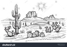 hand drawn cactus in the desert with mountains and sun