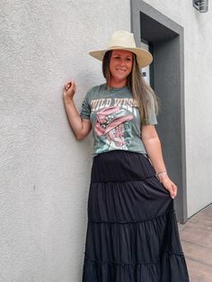 Tiered Maxi Skirt Black Elastic Waistband Pull on Ruffled Hem Versatile 100% Rayon Black Tiered Maxi Skirt Outfit, Tiered Maxi Skirt Outfit, Black Tiered Maxi Skirt, Black Long Skirt, Maxi Skirt Outfit, Cowgirl Outfit, Maxi Skirt Outfits, Tiered Maxi Skirt, Skirt Jumpsuit