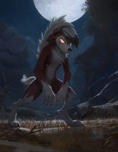 a furry animal running across a field under a full moon