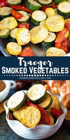 grilled vegetables with text overlay that reads, trader smoked veggables