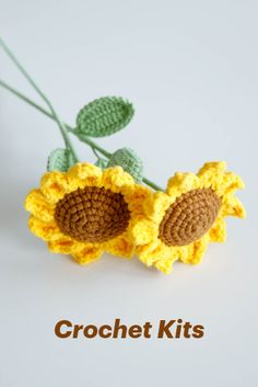 two crocheted sunflowers sitting next to each other