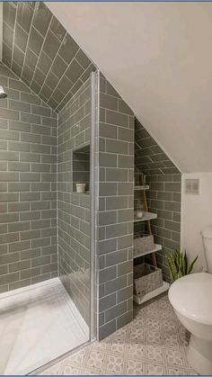 a white toilet sitting next to a walk in shower