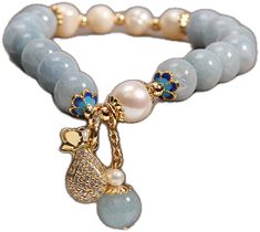 Elegant Blue Pearl Bracelet With Charm, Elegant Blue Beaded Bracelet With Pearl Charm, Elegant Blue Beaded Bracelets With Pearl Charm, Elegant Jade Pearl Bracelet For Gift, Elegant Blue Beaded Charm Bracelet, Blue Pearl Bracelets With Pearl Charm, Blue Pearl Bracelet With Pearl Charm, Elegant Blue Charm Bracelet With Round Beads, Blue Pearl Bracelet With Gemstone Beads As A Gift