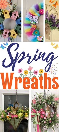 spring wreaths with the words spring wreaths written in large letters and pictures of flowers