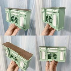 four different pictures of a green kitchen cabinet