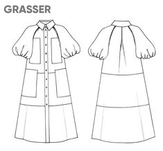 the front and back view of a dress, with an open collared neckline