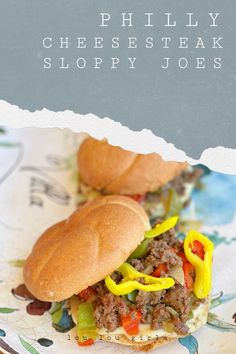 a cheese steak sloppy joes sandwich on a plate with the words, philly cheese steak sloppy joes