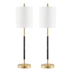 two black and gold lamps with white shades