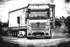 a black and white drawing of a mercedes semi truck on a road with trees in the background