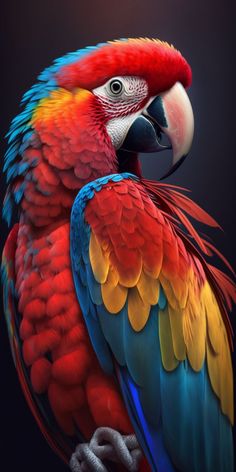 a colorful parrot sitting on top of a tree branch next to a black background with an orange, yellow and blue bird