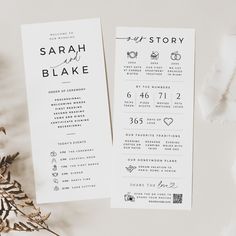 two wedding programs on top of each other next to a plant and some leaves in front of them