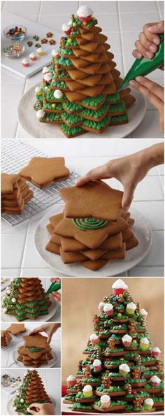 christmas tree made out of cookies is being cut and put on a plate with green icing