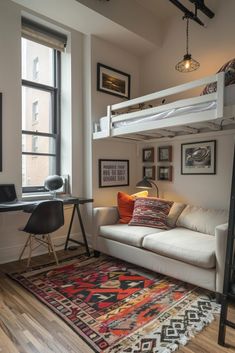 a loft bed is in the corner of a room with a desk and chair next to it