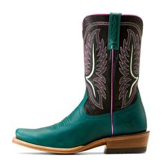 Short in height but not on sass, this boot brings the fun in the arena and out on the town. With a bold, vintage-inspired shaft and narrow cutter toe, it's a modern take on tradition for today's cowgirl. Futurity Colt Western Boot | Product Features : 0 : ATS® technology provides ergonomic support on uneven terrain, 1 : TekStep provides toe-to-heel cushion for comfort, 2 : Removable All Day Cushioning insole, 3 : Vegetable-tanned leather sole, 4 : Five-row stitch pattern | Women's Futurity Colt Western Turquoise Boots For Rodeo, Turquoise Western Boots With Snip Toe, Green Western Boots For Rodeo, Western Green Snip Toe Boots, Green Boots With Reinforced Heel And Square Toe, Green Boots With Reinforced Heel And Fitted Design, Fitted Green Boots With Reinforced Heel, Green Fitted Boots With Reinforced Heel, Turquoise Leather Western Boots