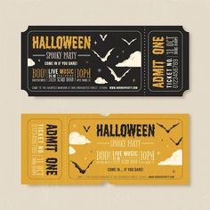 two yellow and black halloween ticket cards with bats on the front, one is for trick or treat