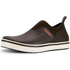 a brown shoe with an orange logo on the side