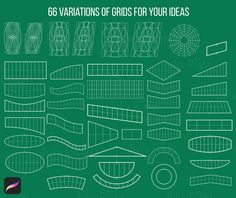 a green poster with white lines on it and the words 66 variations of grids for your ideas