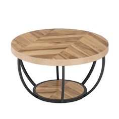 a round wooden table with metal legs and a circular wood tray on the bottom,