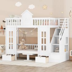 a child's bedroom with a white bunk bed and stairs