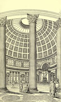 an old drawing of the inside of a building with columns and arches on each side