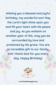 a birthday card with the words, wishing you a blessed and joyful birthday my wonderful son