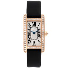 Cartier Tank Americaine Rose Gold Diamond Ladies Watch WJTA0002. Quartz movement. 18K Rose gold case 19.0 x 28.0 mm. Circular grained crown set with faceted blue sapphire. Original Cartier factory diamond bezel. Scratch resistant sapphire crystal. Silver dial with roman numerals. Sword shape blue hands. Black silk strap with 18K rose gold deployant buckle. Luxury Yellow Gold Jewelry With Diamond Accents, Cartier Timeless Diamond Evening Watch, Timeless Cartier Diamond Watch For Evening, Timeless Cartier Diamond Evening Watch, Cartier Diamond Watch As Gift, Cartier Jewelry With Diamond Hour Markers, Cartier Diamond Watches For Gift, Elegant Gold Cartier Watch Accessories, Luxury Anniversary Watches With Pave Setting